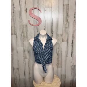 Poetry Skull Print Chambray Tie Front Crop Top Size SMALL